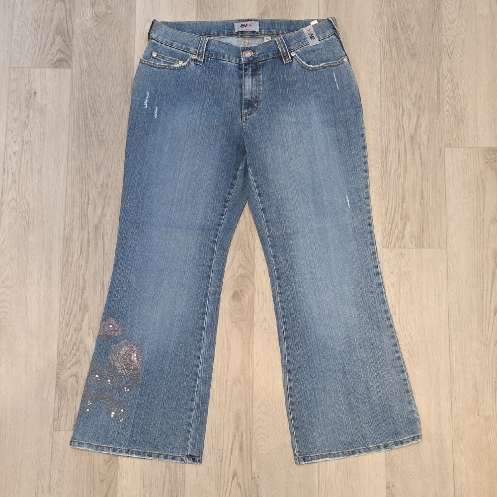 Avenue Blue Flare Jeans with Embroidered Detail